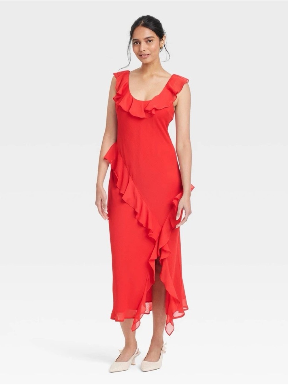 a new day Coral-Red Ruffle Maxi Dress b201